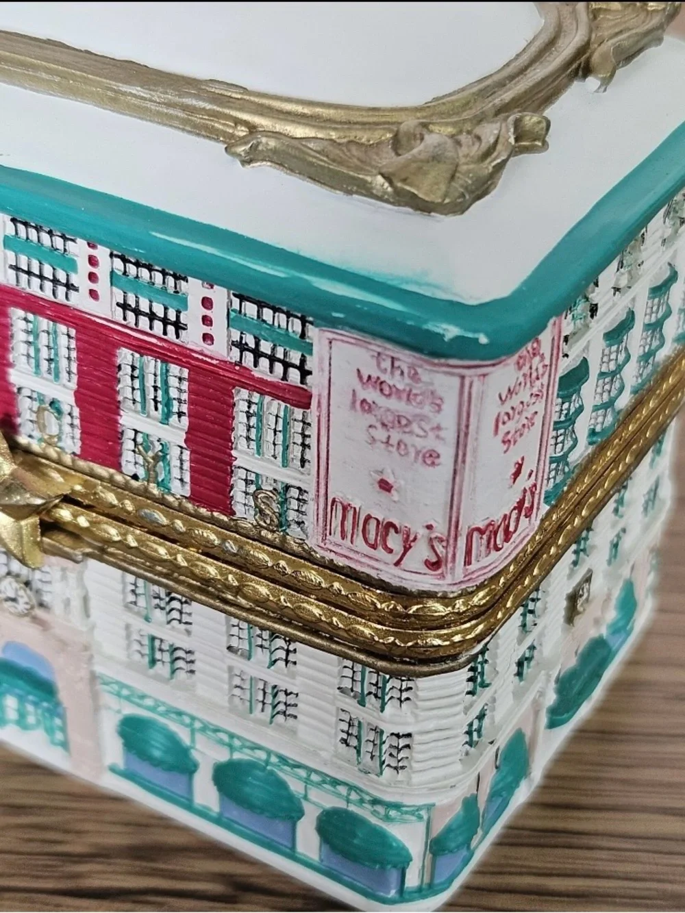 Macy's Ceramic Trinket Box in White, Teal & Gold Accents year 2000